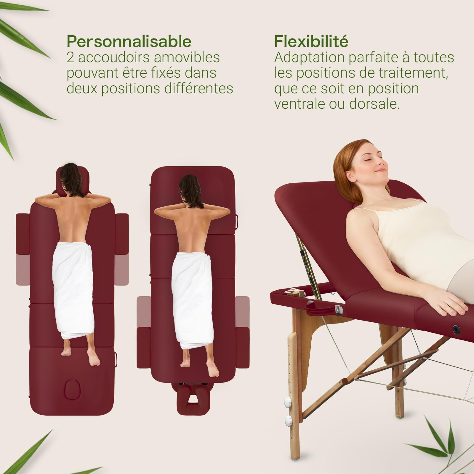 MASSUNDA All INKL Chaise de Massage Pliante et réglable en Hauteur – Table de Massage Mobile en Bois Massif avec Housse en éponge, accoudoirs et dossiers, appuie-tête Ergonomique (Bordeaux)