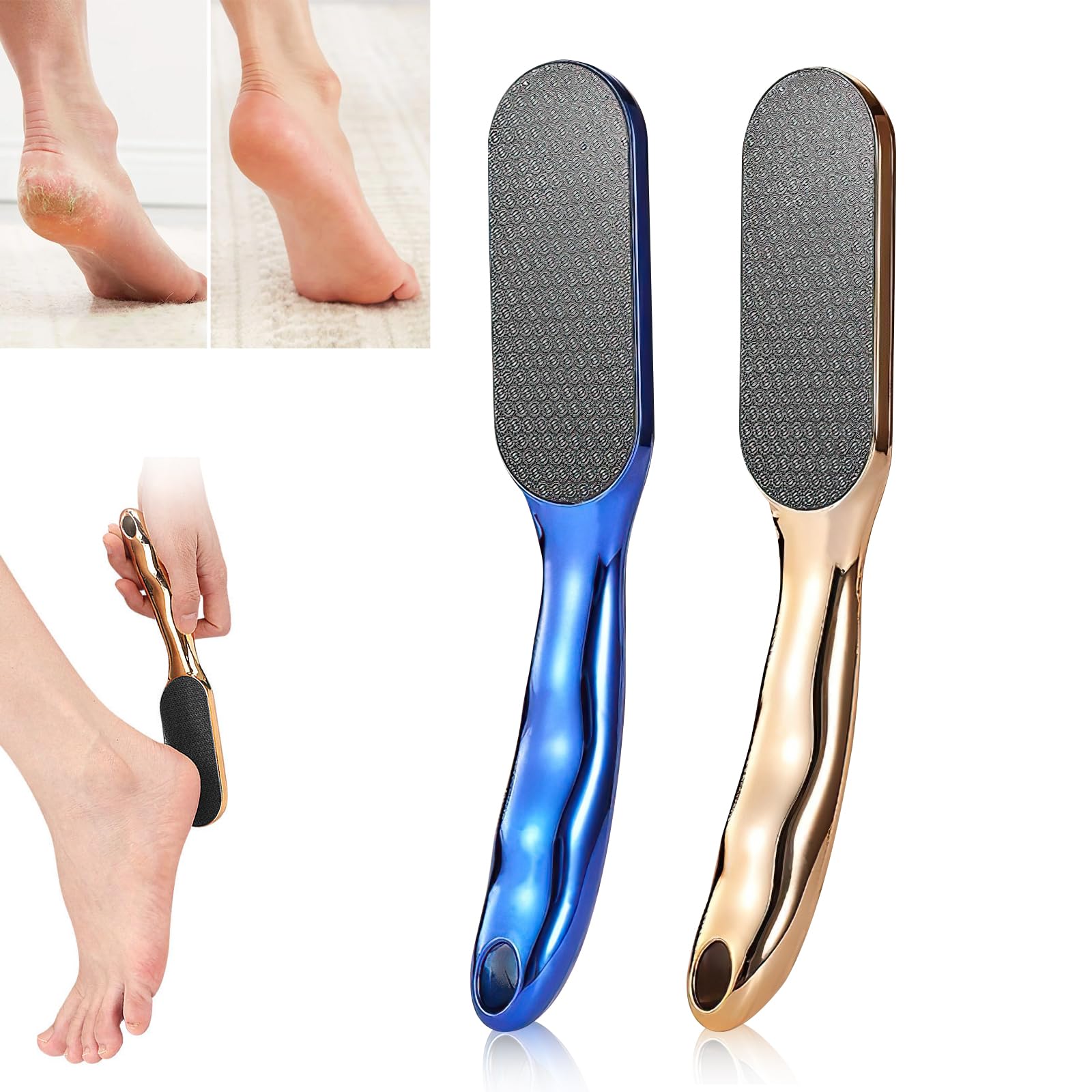 2 limas de pie de nanocristal para eliminar la piel dura, lima de pie de nanocristal con mango ergonómico antideslizante, herramientas profesionales para el cuidado de los pies (dorado y azul)