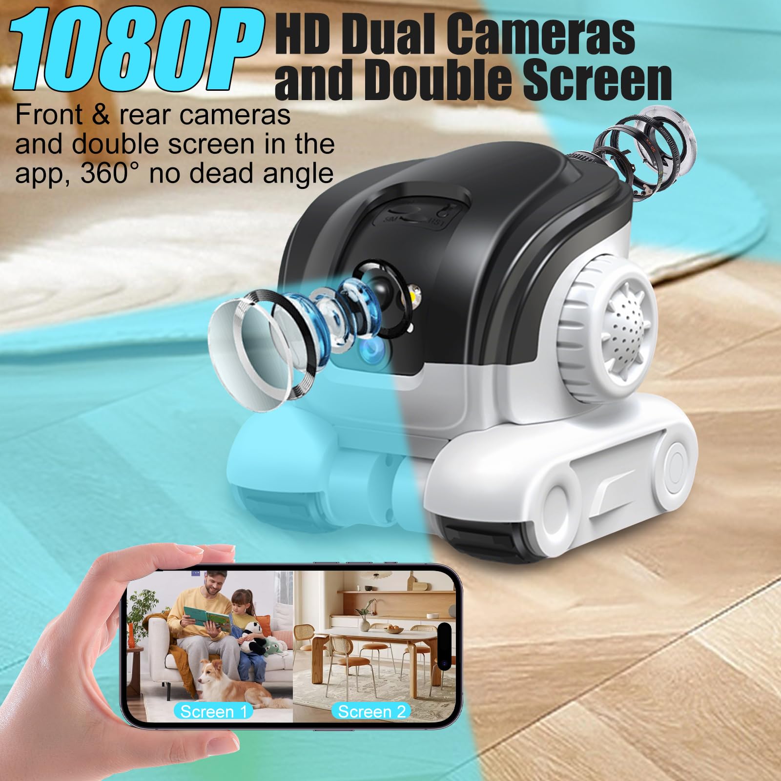 Haustierkamera Roboter, 1080P Dual Kameras Intelligente Roboterkamera, Blinkybot Camera mit IR-Nachtsicht, 2 Wege Audio, Bewegungserkennung, Videoaufzeichnung für Haustiere, Haus, Kids