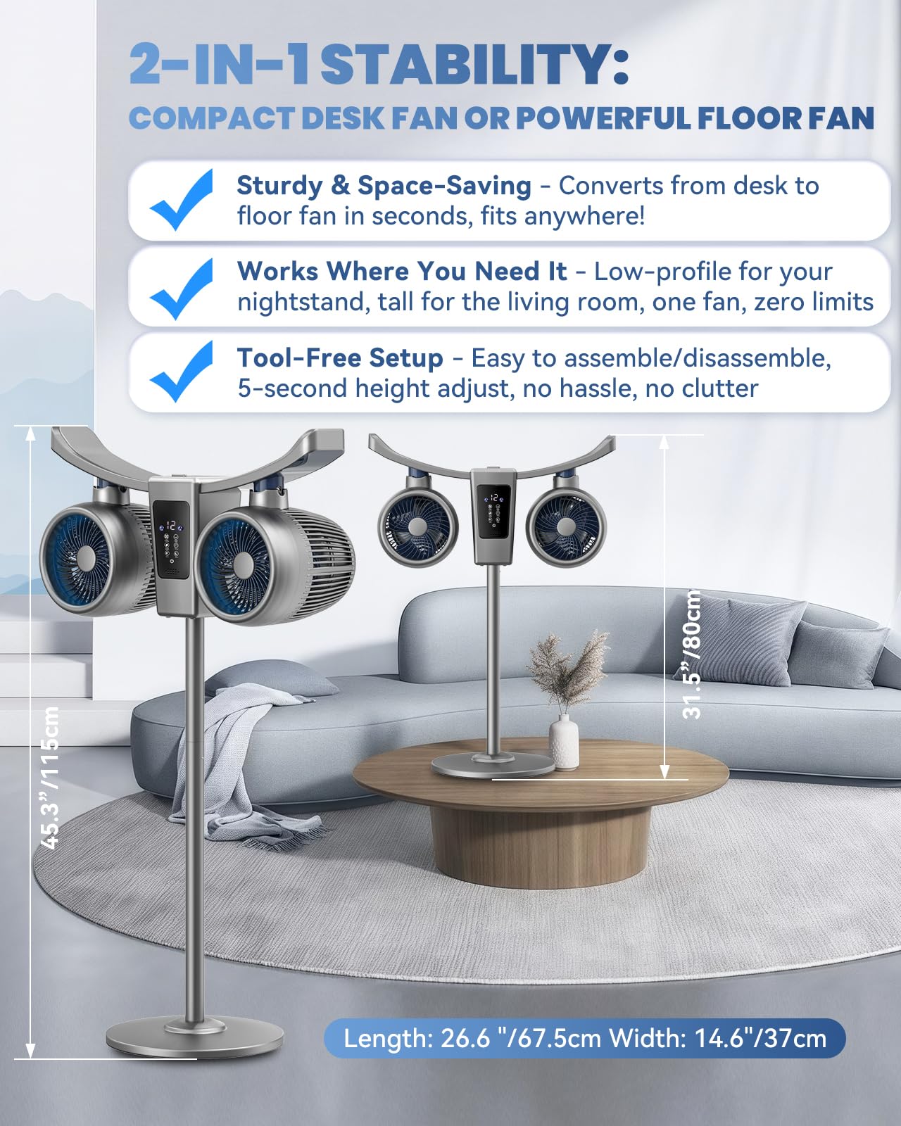 Ventilador de nebulización oscilante de 45 pulgadas | Circulador de aire 5D 285° con humidificador e ionizador de aire | Motor de CC silencioso de 12 velocidades | Control remoto y táctil de panel | 5