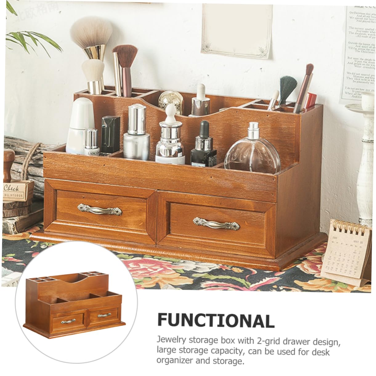 Organizer per Scrivania in Legno Stile Vintage Cassetti a 2 Scomparti, Grande Capacità e Multifunzionale per Gioielli e Cosmetici come Organizer da Scrivania