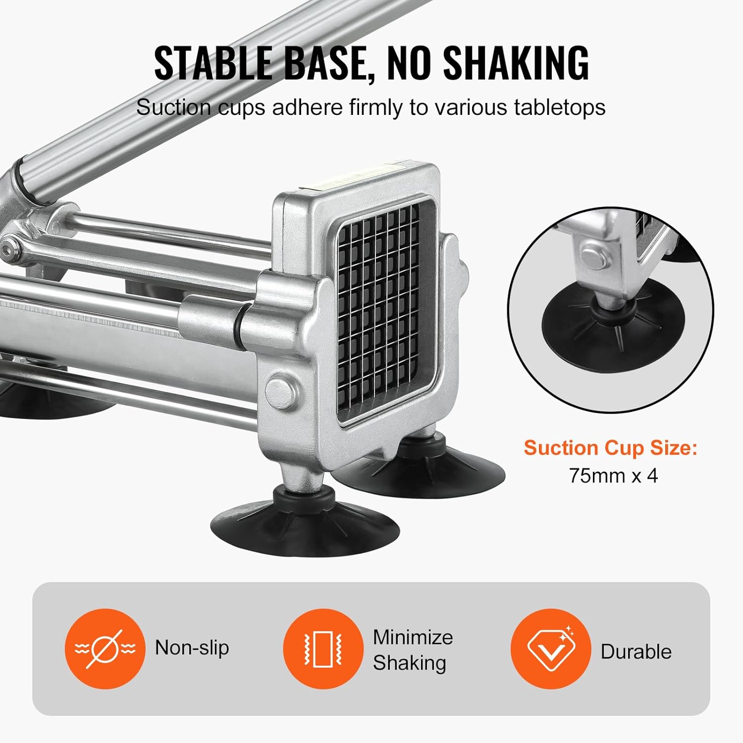 Close-up of the French fry cutter's base showing the four suction cup feet