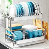 GSlife Dish Drying Rack for Kitchen Counter - Stainless Steel 2 Tier Dish Drainer with Drain Board, Stainless Steel Utensil Holder, Cutting Board Holder, 21