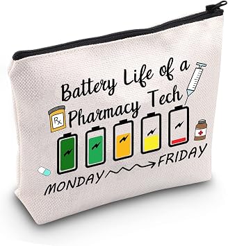 JXGZSO Funny Battery Life of a Pharmacy Tech Humor Makeup Bag Pharmacy Gift Pharmacist Cosmetic Bag Battery Life Pharmacy T B