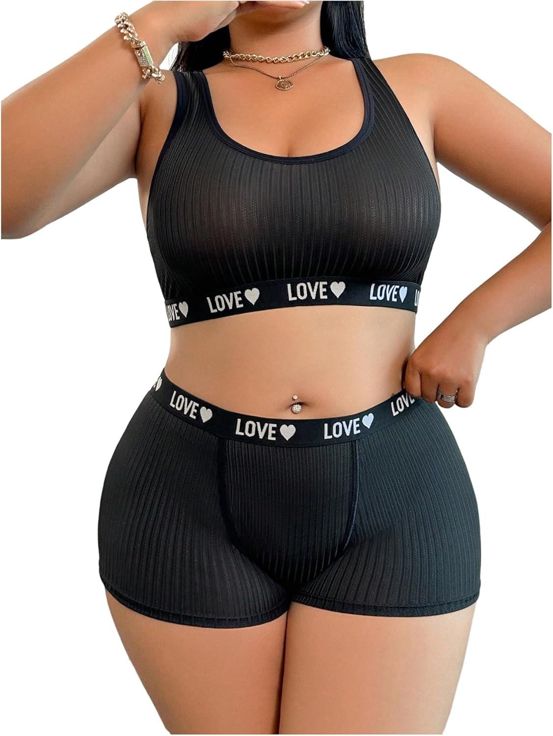 OYOANGLE Women's Plus Size 2 Piece Lingerie Set Letter Print Matching Sports Bra and Boyshorts Panties Underwear