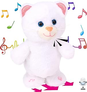 Hopearl Talking Kitty Singing Cat Repeats What You Say Walking Electric Interactive Animated Toy Speaking Plush Buddy Gifts for Toddlers, White, 8''