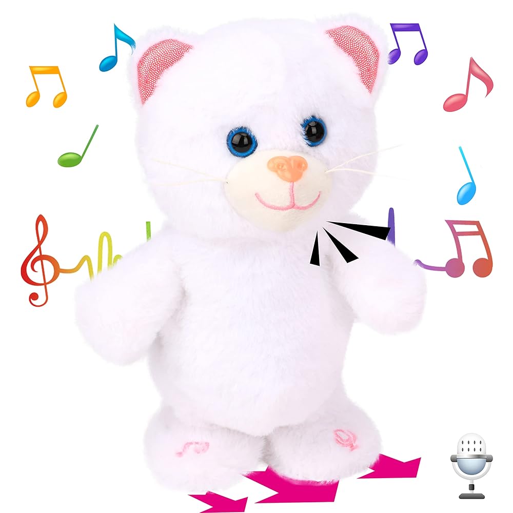 Hopearl Talking Kitty Singing Cat Repeats What You Say Walking Electric Interactive Animated Toy Speaking Plush Buddy Gifts for Toddlers, White, 8\'\'