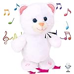Hopearl Talking Kitty Singing Cat Repeats What You Say Walking Electric Interactive Animated Toy Speaking Plush Buddy Gifts for Toddlers, White, 8\'\'