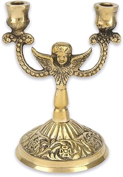 BlessedMart Double Brass Byzantine Candle Holder - Christian Candlestick Angel Design Orthodox Stand, 3.74 inch Tall, for Prayer, Home Altar