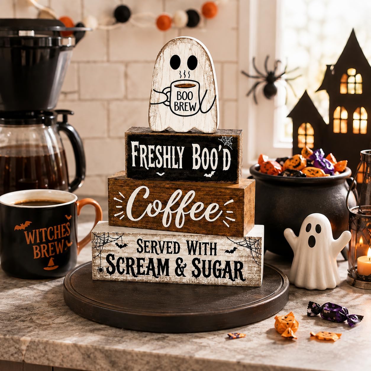 Halloween Decorations Indoor Wooden Cute Ghost Kitchen Coffee Bar Decor