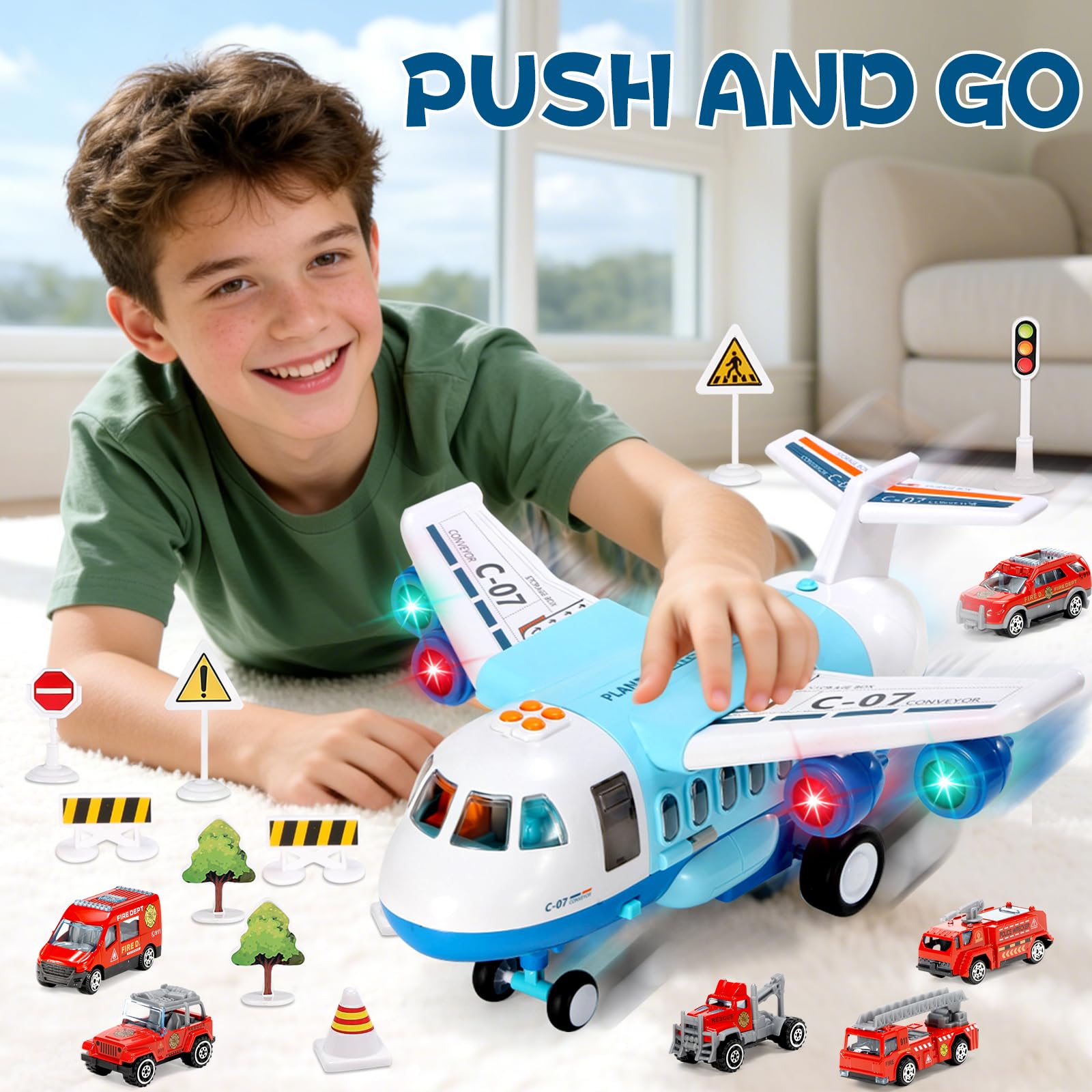 PQKL-party Jouet d'avion, avion de transport pour enfants, kit de jeu avec fumée, lumière et son