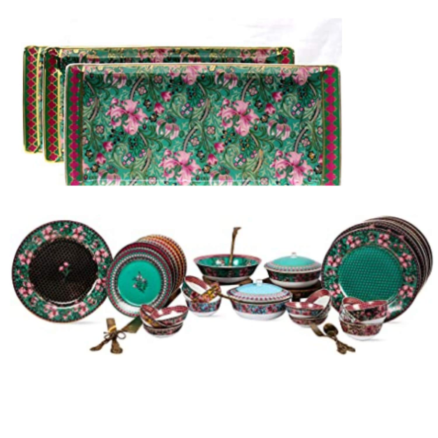 Moksha Ceramic Dinner Set, Décor Settings, 24 K Gold Plated or Rectangular Tray Set