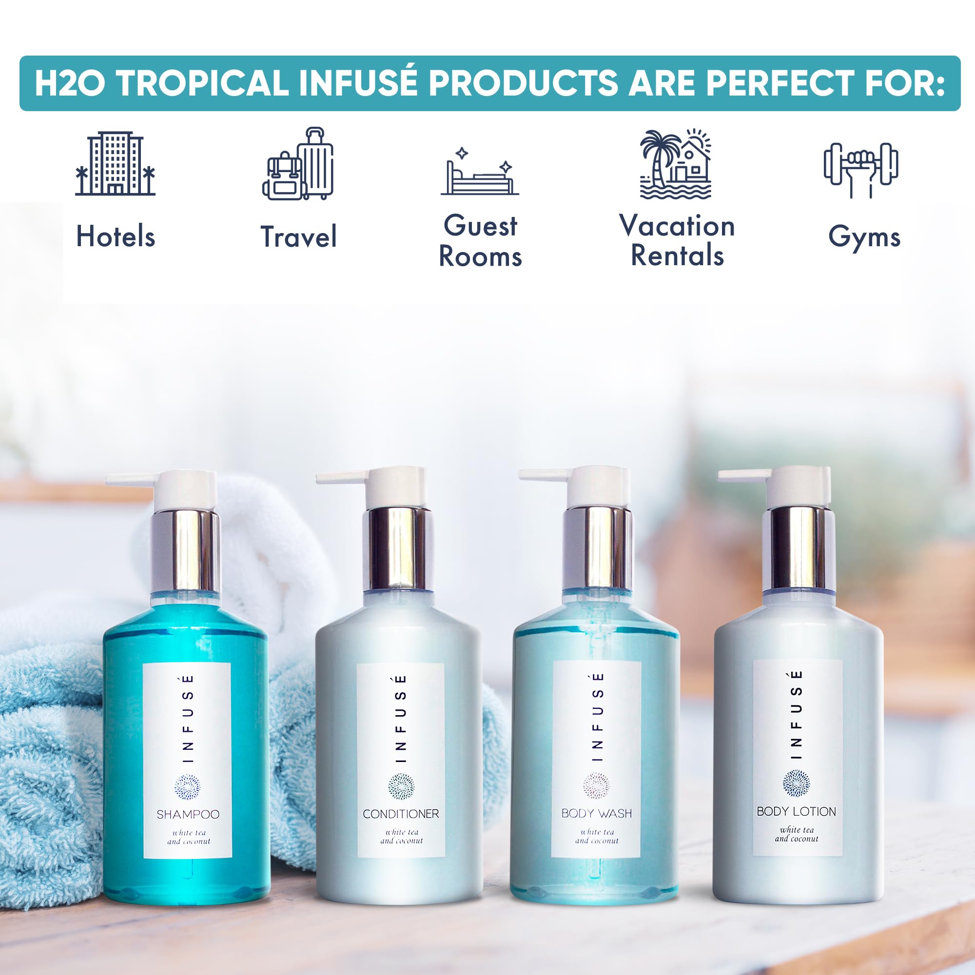 1-Shoppe Infuse 4 Piece Ecobox All-In-Kit | White Tea and Coconut Soap | 1 Shampoo, 1 Conditioner, 1 Body Wash and 1 Lotion | 10.14 oz Hotel Soaps and Toiletries Bulk | Personal Care Products 1