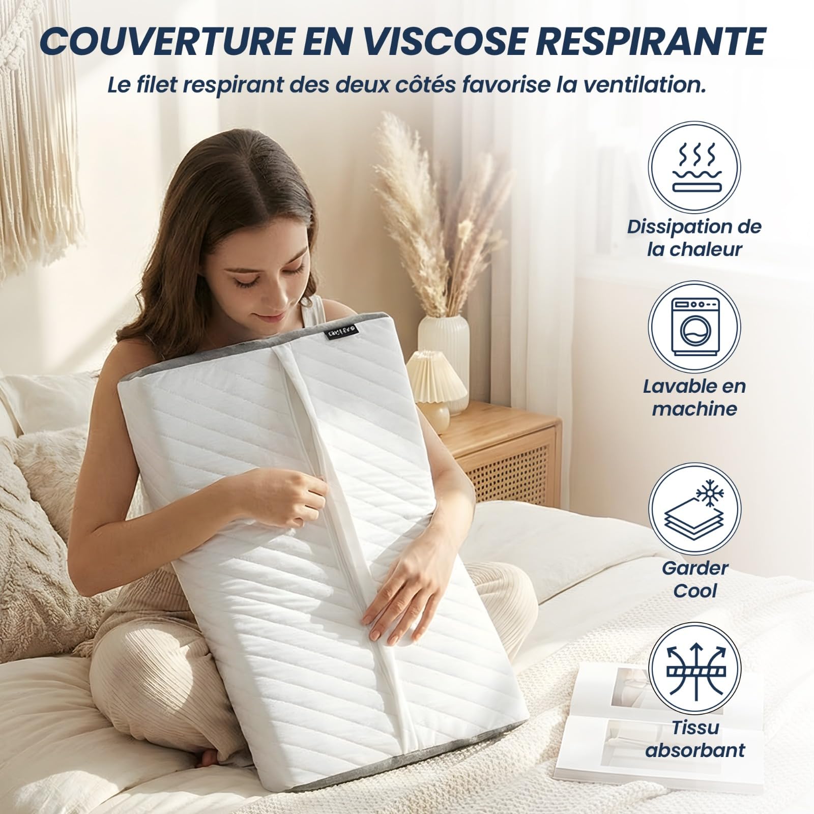 Oreiller Ergonomique Cervical à Mémoire de Forme, Coussin Orthopédique pour Nuque 60x35cm, Oreiller Anti Ronflement pour Dormeurs Dos Côté Ventre, Housse Amovible Lavable en Machine à 40°C