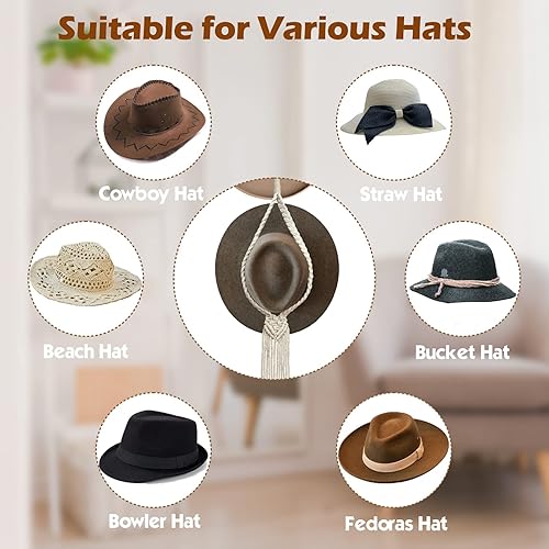 Miniatura 4 de 2 percheros para sombreros para pared, organizador de sombreros bohemio para colgar en la pared, tejido a mano bohemio para sombreros de vaquero
