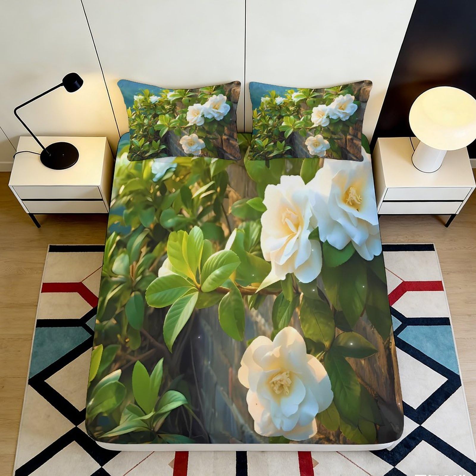 3D Printed White Camellia Fitted Sheet Microfiber Floral Green Leaves Mattress Cover for Bedroom Guest Room Decoration Easy Care 90x200x25cm