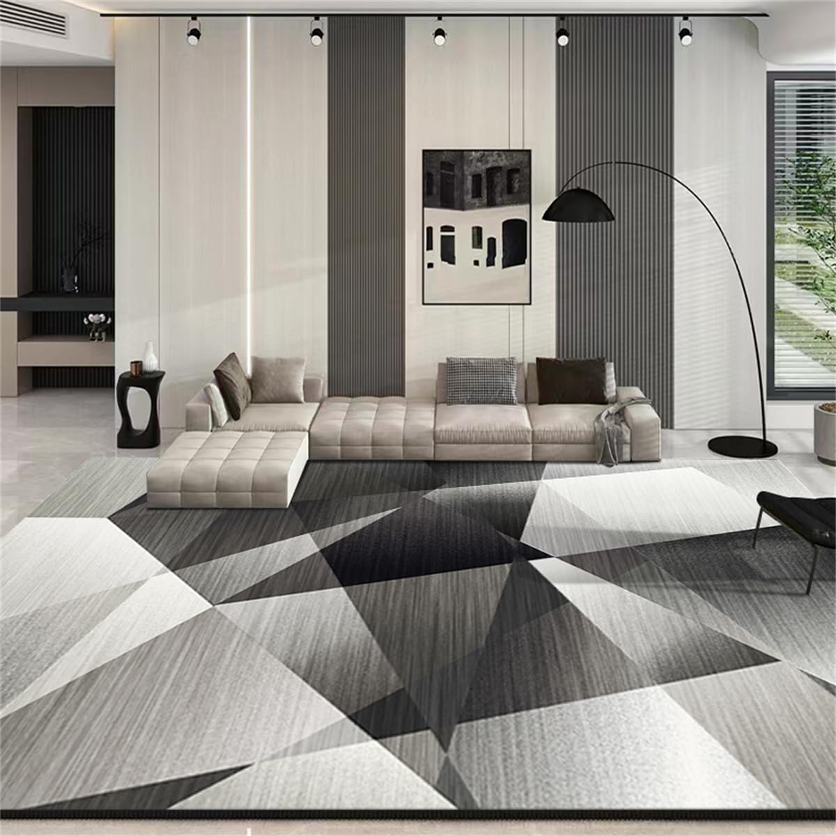 Tapis de salon géométrique gris et blanc pour entrée et chambre