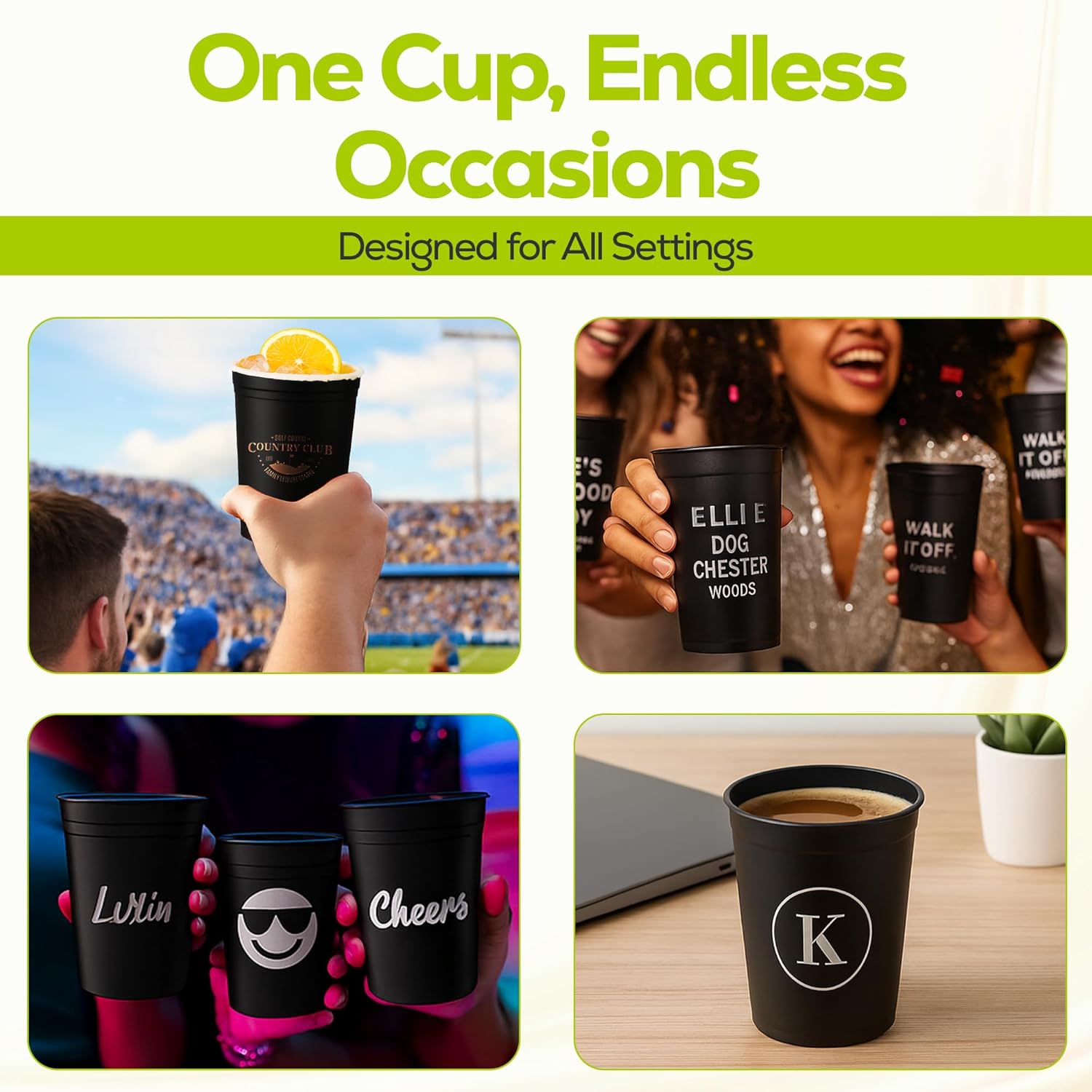 Customizable 16oz Black Stadium 50 Cups | Personalized Plastic Party Cups - Reusable BlackPlastic Cups for Parties, Fall Events & Themed Decorations-