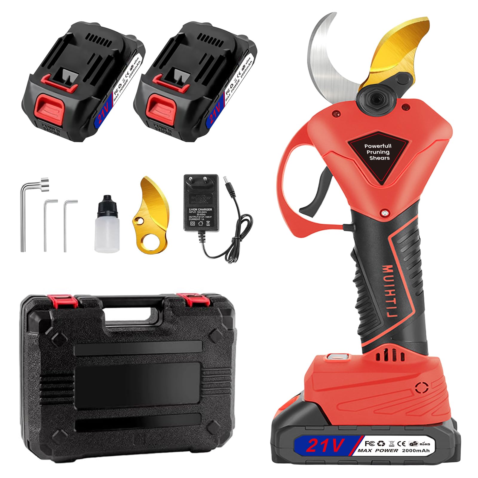 Tijeras de Podar a Batería Profesional con 2 Baterías de 2000mAh Máximo 50 mm, Cuchillas Afiladas Sk7 Motor sin escobillas de tijeras de podar con pantalla LCD para huertos y jardines de viñedos