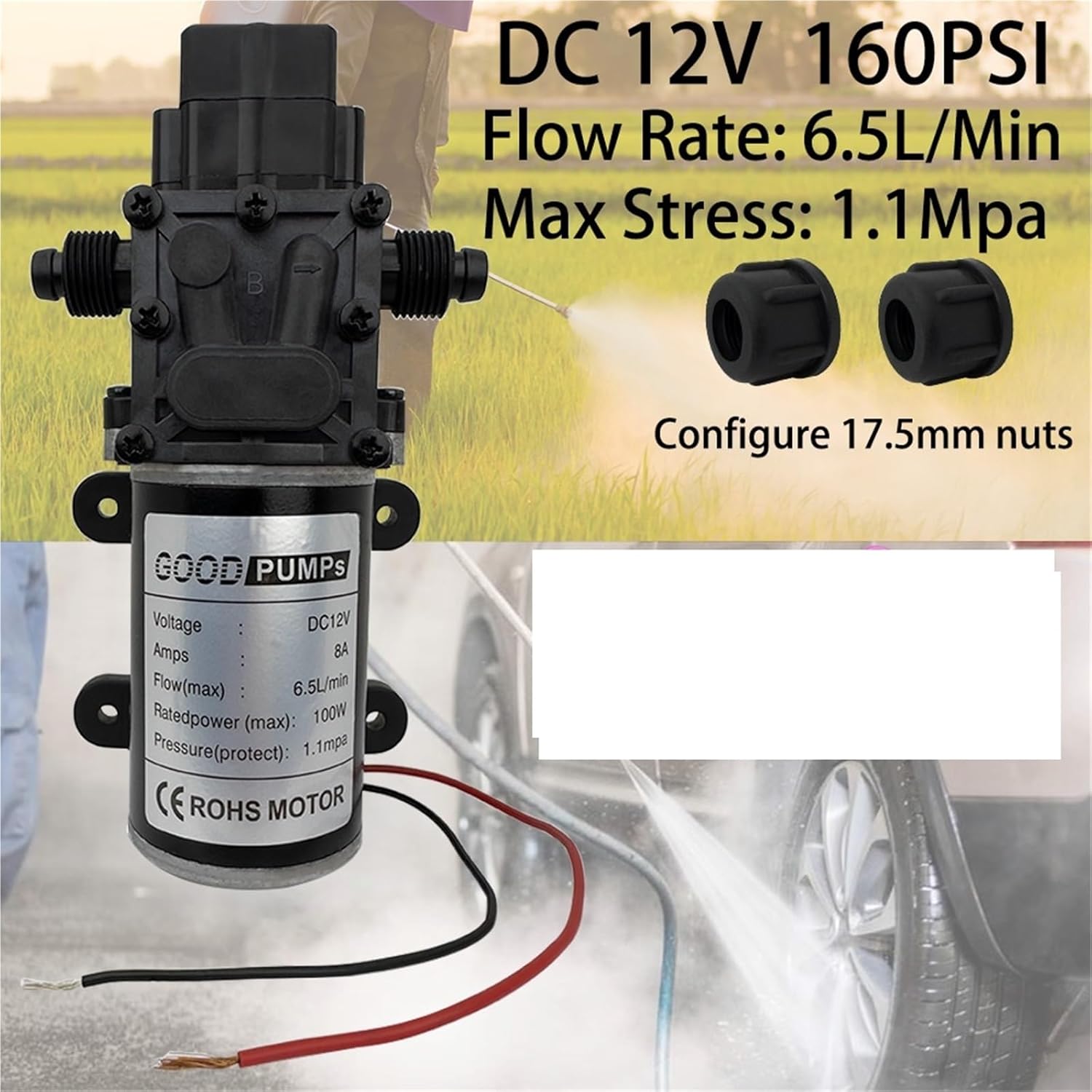 DC12V 160PSI 100W 6.5L/Min High Pressure Diaphragm Pump Mini Electric Self-priming Pump Water Washing Machine Pesticide Spraying(5PCS)