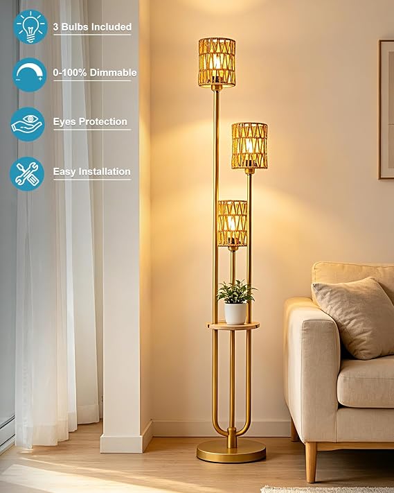 Lightdot Dimmable Boho Floor Lamps with 5Lbs Heavy Base for Living Room, 3-Lights Rattan Floor Lamp with Shelves Rustic Gold Standing Lamp with Warmwhite Bulbs Included for Sofa Beside/Corner Decor