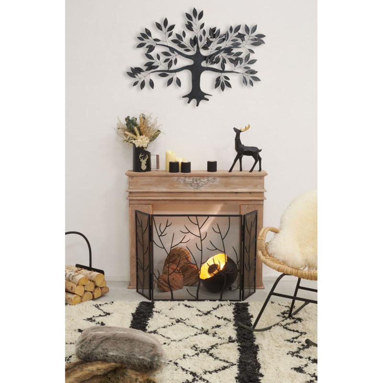 AUBRY GASPARD - Pare-feu de Cheminée en Fer Forgé Branchages - Finition Noire Mate - 3 Panneaux Ajustables - Dimensions 104 x H 60 cm - Protection Élégante et Sécurisée pour Foyer - Livré Monté
