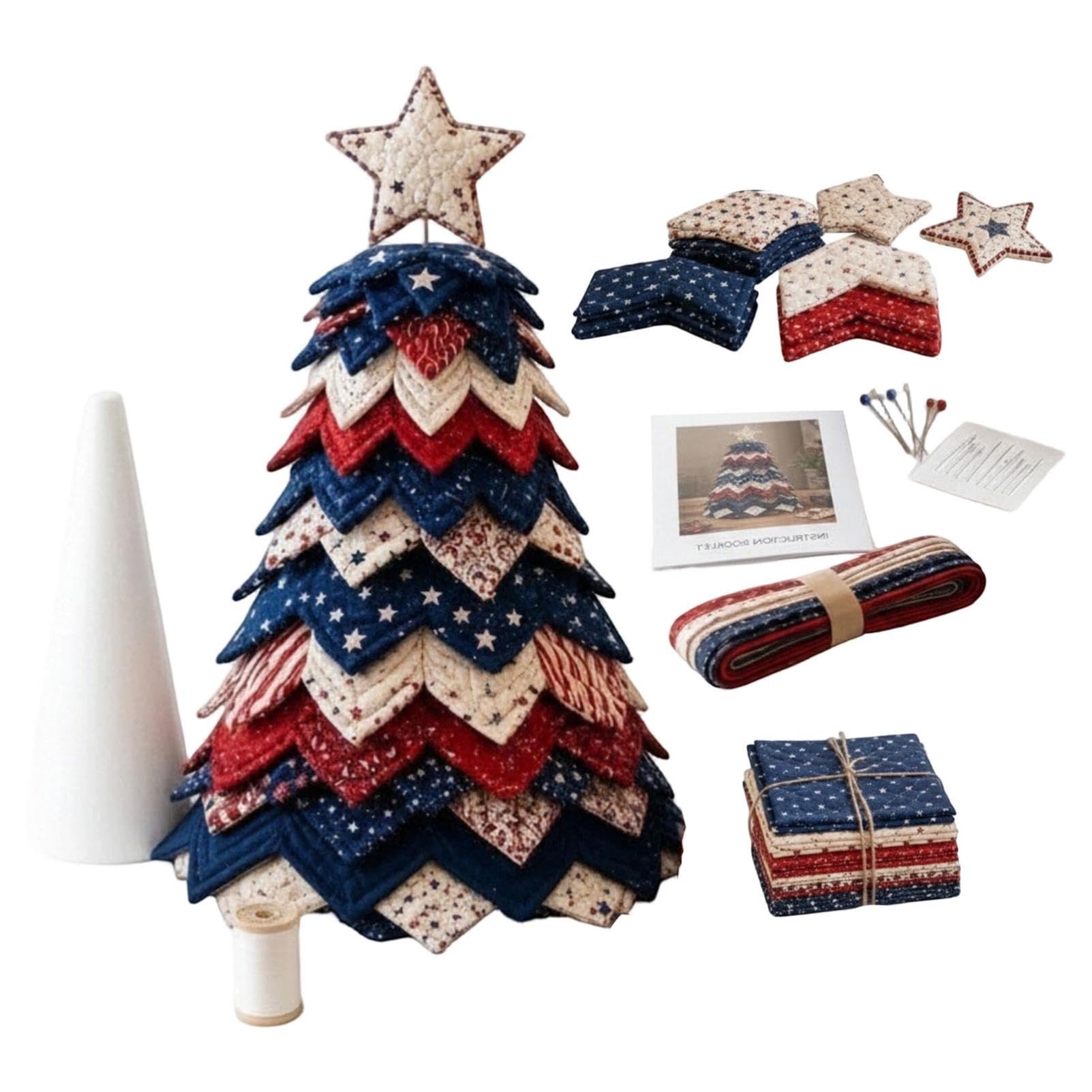 Americana Christmas Tree Quilt Kit, DIY Patchwork Holiday Sewing Craft, 2pc