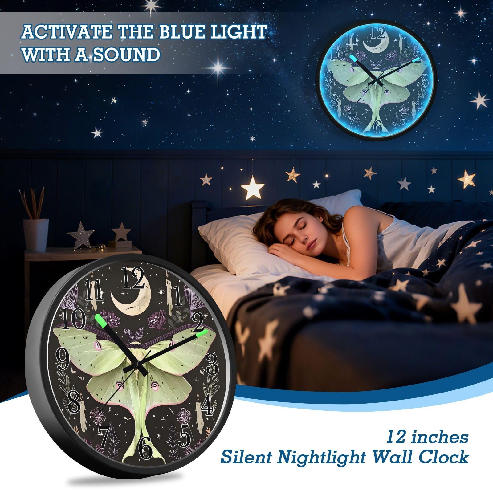 Mnsruu Reloj de pared luminoso verde luna, polilla, flores, estrellas, reloj de pared que brilla en la oscuridad, funciona con pilas, 12 pulgadas, silencioso, sin tictac, luz nocturna para dormitorio