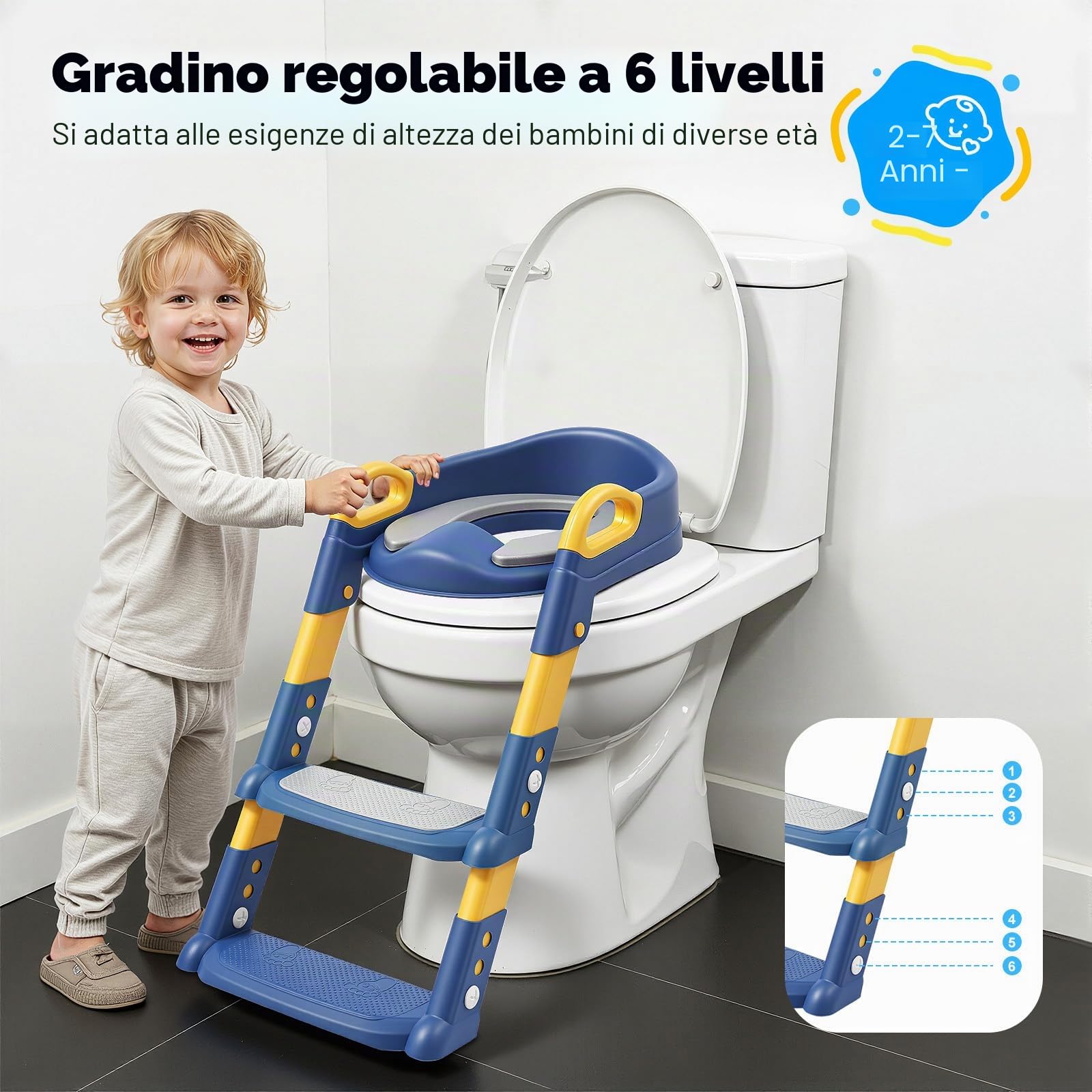 Sedile WC per Bambini con Scala, Sedile WC Pieghevole per Bambini per WC a V/U/O, 6 Regolazioni di Altezza, Supporto WC a U, con Cuscino PU Rimovibile, Blu
