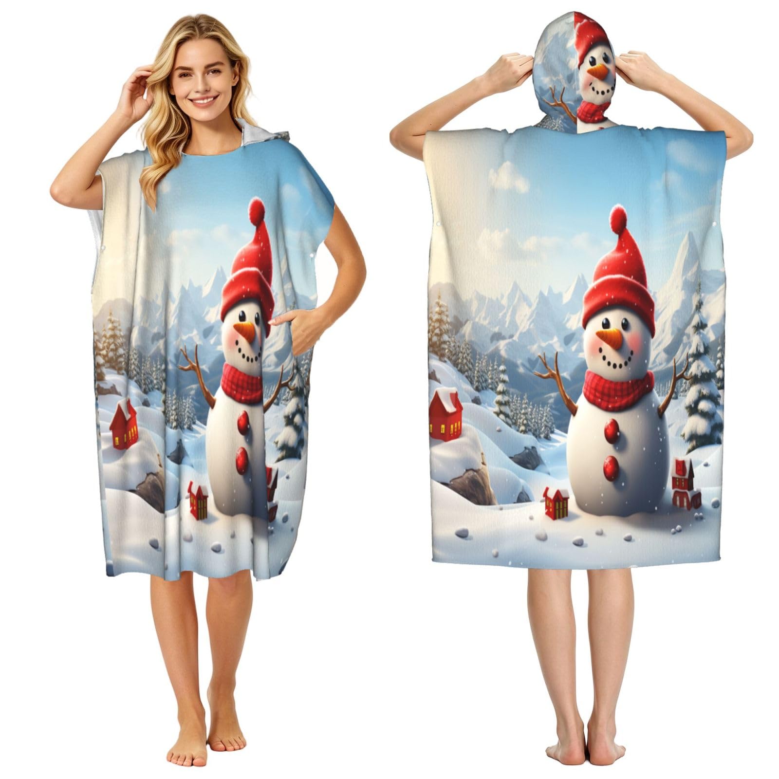 Cute Snowman In The Snowy Mountains Adult Hooded Beach Poncho Towel