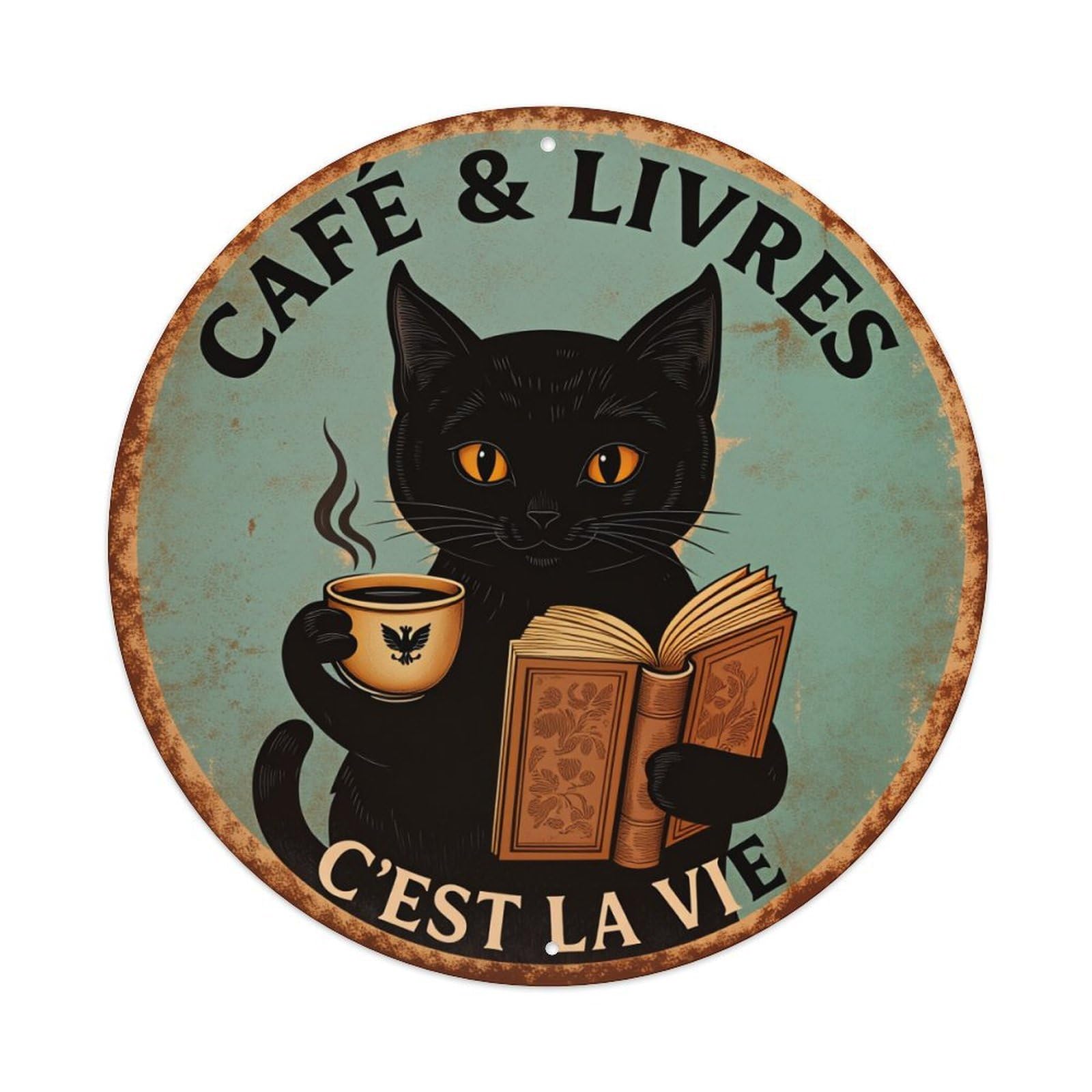 Black Cat Coffee Book Vintage Style Round Tin Sign Vintage Style Metal Sign Home Bar Garden Wall Plaque Decor Metal Poster 8x8 Inch