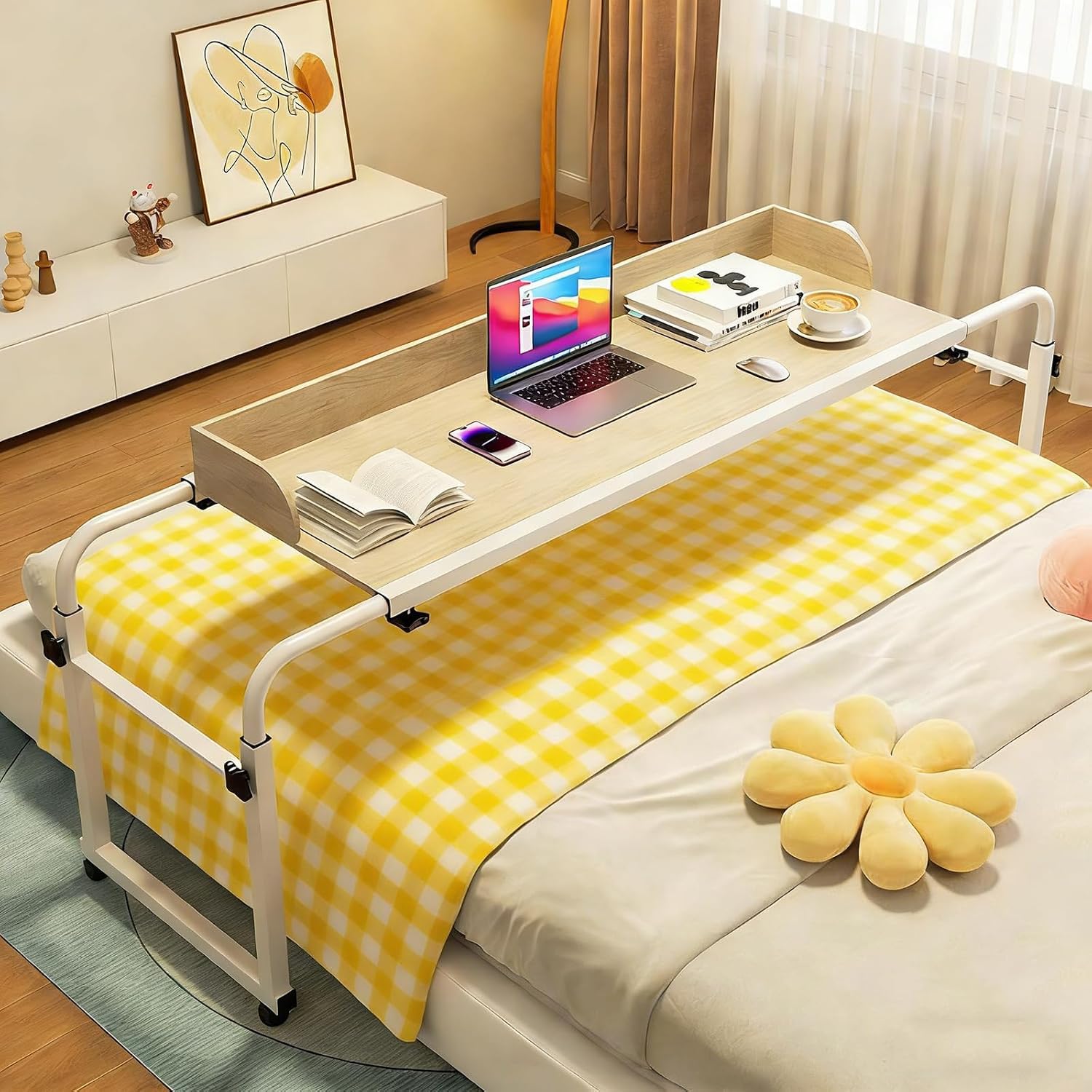 GXQFC Mobile Over The Bed and Recliner Table, Laptop Cart Computer Desk Food Tray Desk Rolling Medical Table for Full/Queen/King Size Bed Frame(Color:Wood)