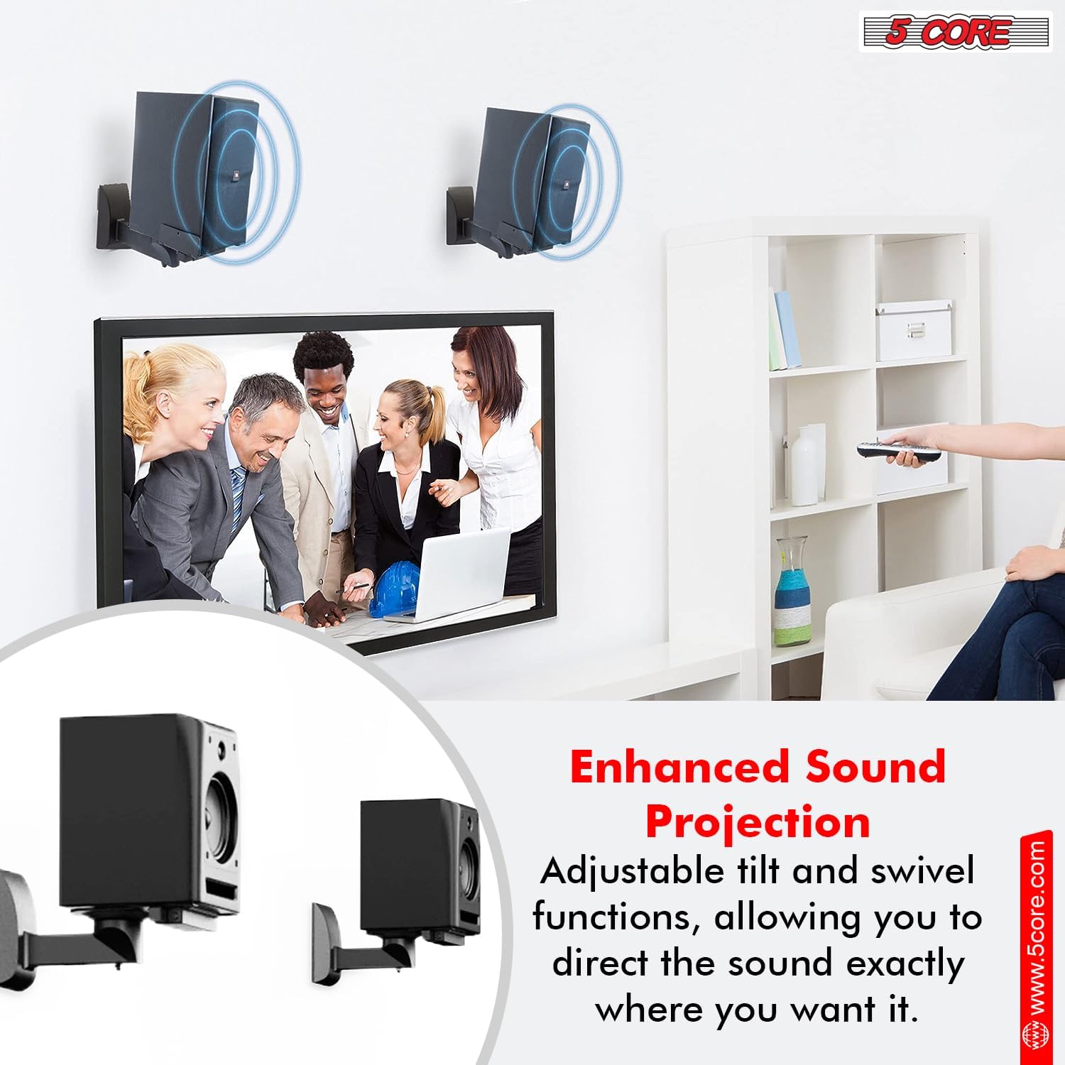 5 CORE Speaker Wall Mount Pair Adjustable Universal Heavy Duty Bookshelf Mounting Brackets for Large or Small Speakers 180° Swivel 50 Lbs Capacity - WST 04-15 Pair