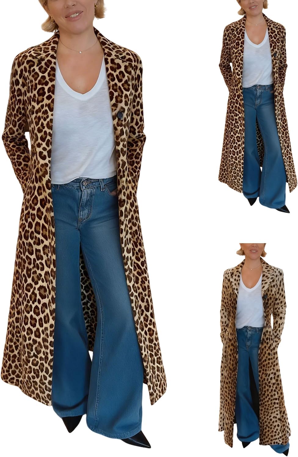 Leopard Blazer Length Dusters Jackets for Women,Button Down Leopard Print Coat Vintage Lapel Long Cardigan with Pocket