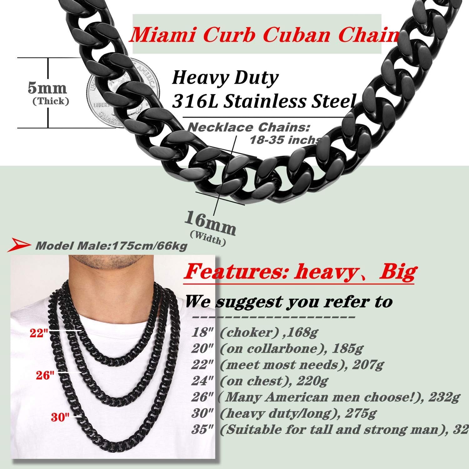 ROWIN&CO Men's Miami Cuban Chain Necklace Black Plated 16mm Chunky Stainless Steel Cuban Curb Link Collar, Hypoallergenic Hip Hop Jewelry, 20-30 Inch, Gift Box - Image 5