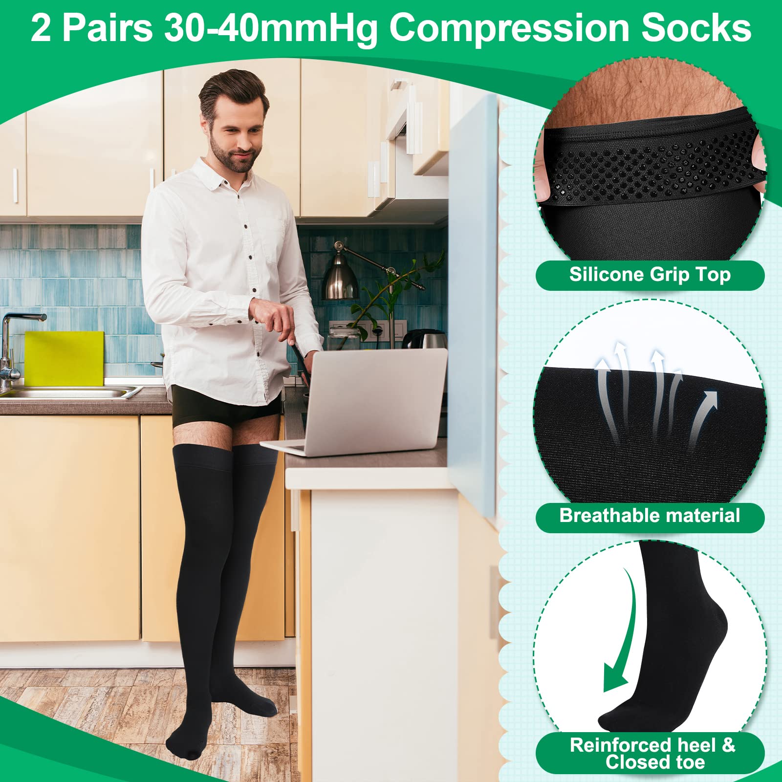 2 Pares de Calcetines de Compresión hasta El Muslo para Hombres y Mujeres Medias de Compresión Extra Firmes de 30-40 mmhg Calcetines Compresivas hasta El Muslo con Punta Cerrada para Edema