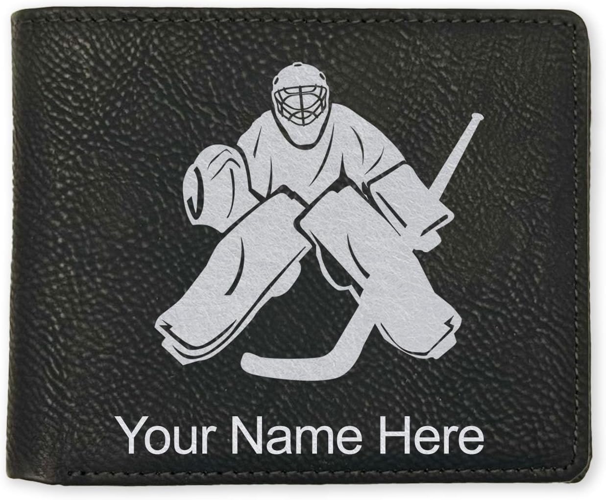 LaserGram Faux Leather Bi-Fold Wallet, Hockey Goalie, Personalized Engraving Included (Carbon Fiber Black with Silver)