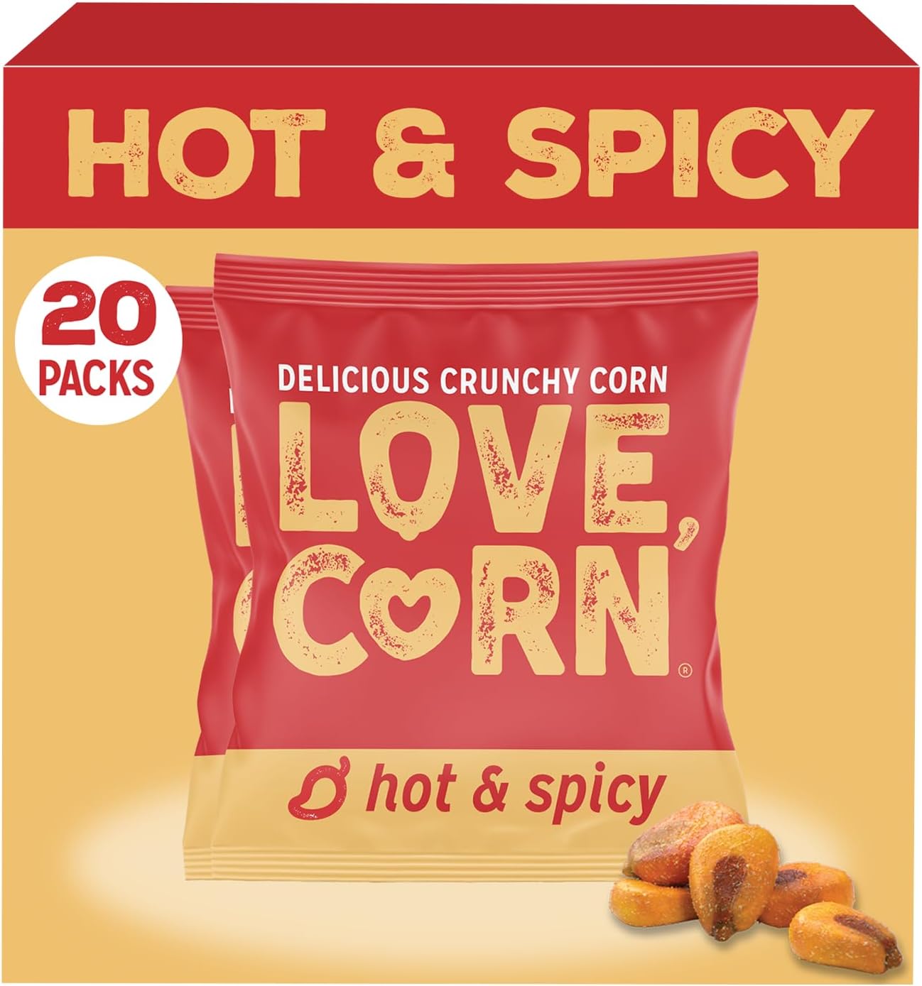 Hot & Spicy – Crunchy Roasted Corn Snack, Gluten Free, Non-GMO, Vegan, Kosher – Lunchbox, Office & On-the-Go Snacks, Alternative to Chips, Nuts & Crackers – Family Size, 0.7oz × 20 Bags