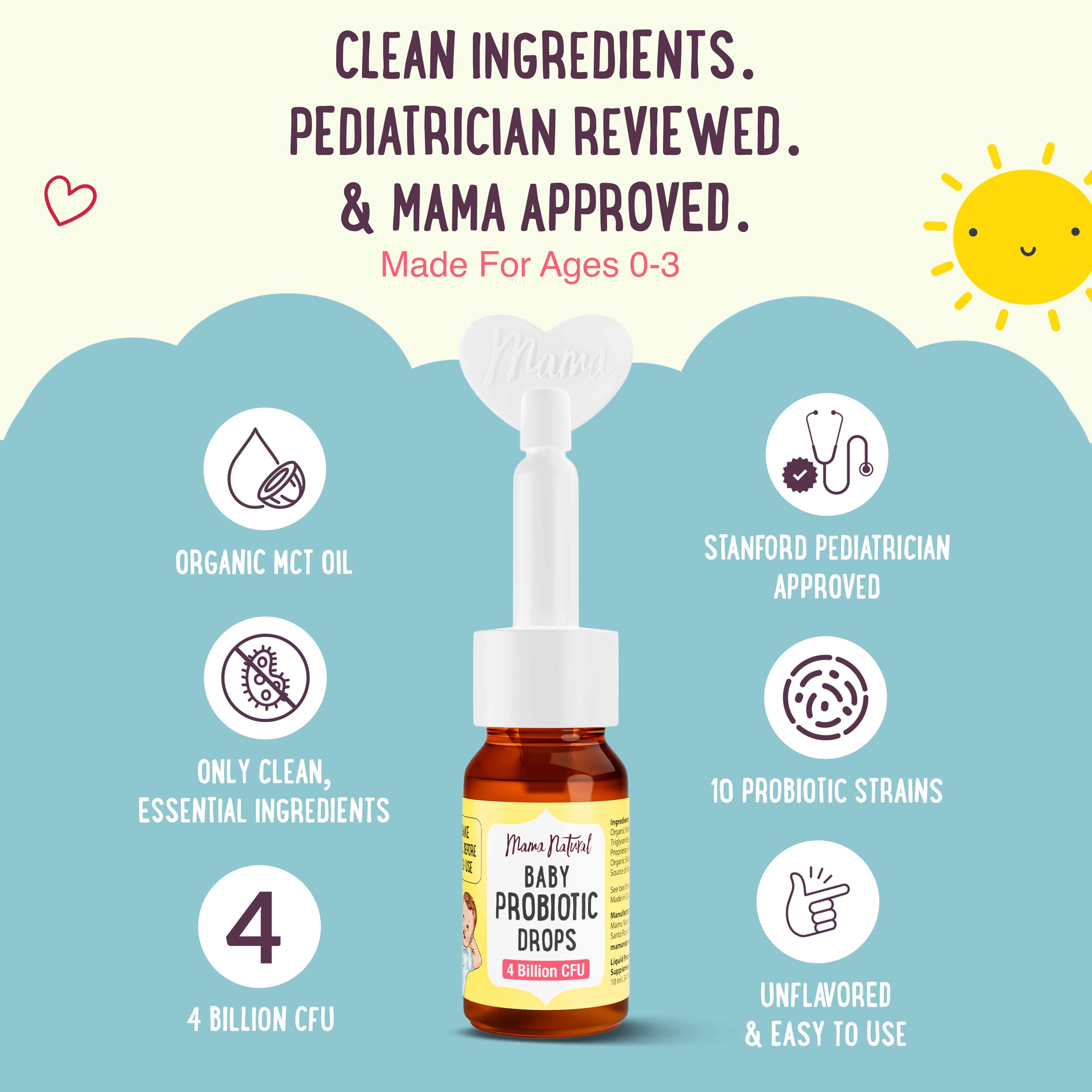 Mama Natural Gouttes probiotiques pour bébé (0,28 Fl Oz) | 4 milliards de CFU pédiatres testés nourrissons probiotique probiotique aide à soulager la colite chez les nouveau-nés et soulager la