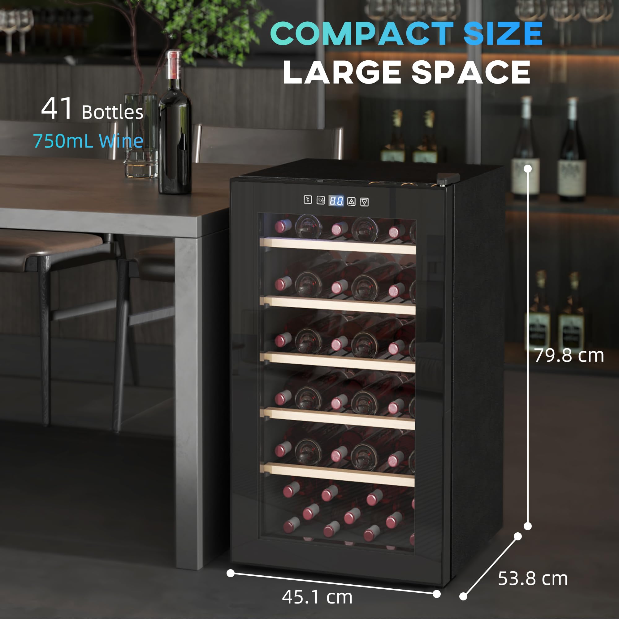 HOMCOM 41 Bottle Wine Fridge, 91 Litre Capacity, 45cm Freestanding Wine Cooler Fridge with Glass Door, LED Light, Digital Touch Screen, Temperature Control, Black — view 7