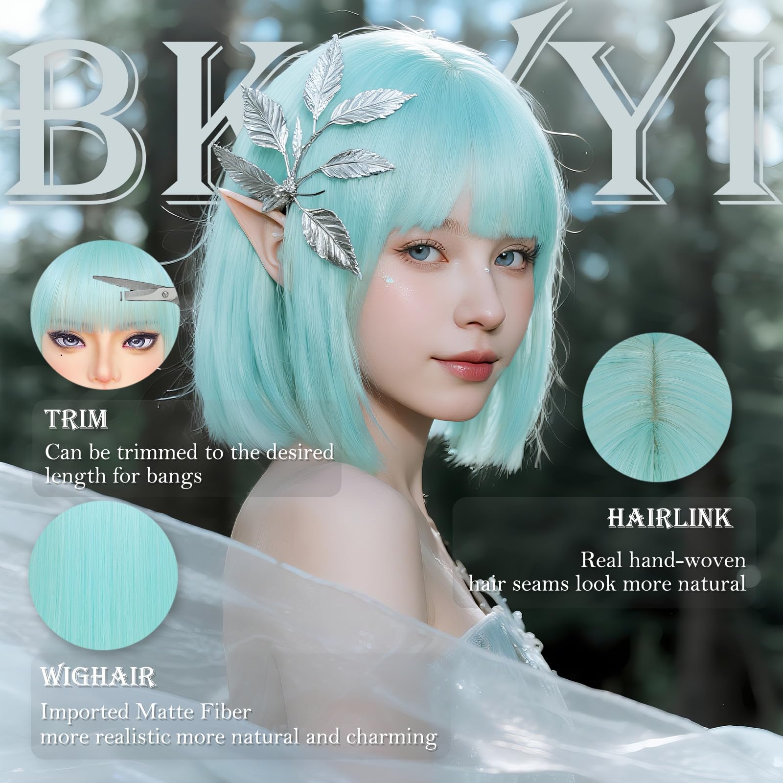 Amazon.co.jp: Bkiyyi ミントグリーン ボブ ウィッグ 前髪付き