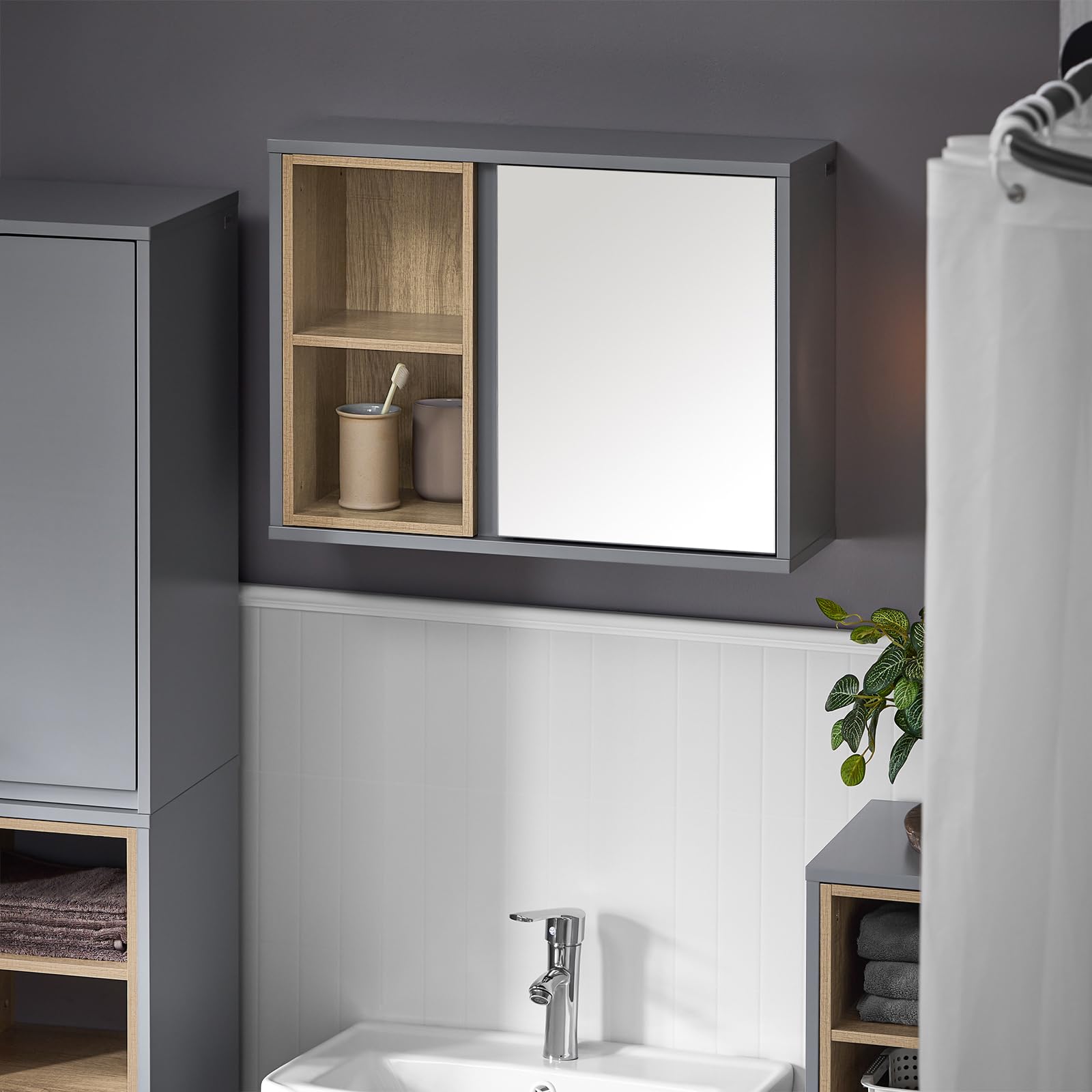 BZR204-SCH Badkamerkast Met Spiegel – Wandkast Voor Badkamer Van Mdf Badkamermeubel Flexibele Opbergruimte Eenvoudig Te Installeren Hangtoiletkast Zwart 50 X 20 X 45 Cm Bzr204 Sch