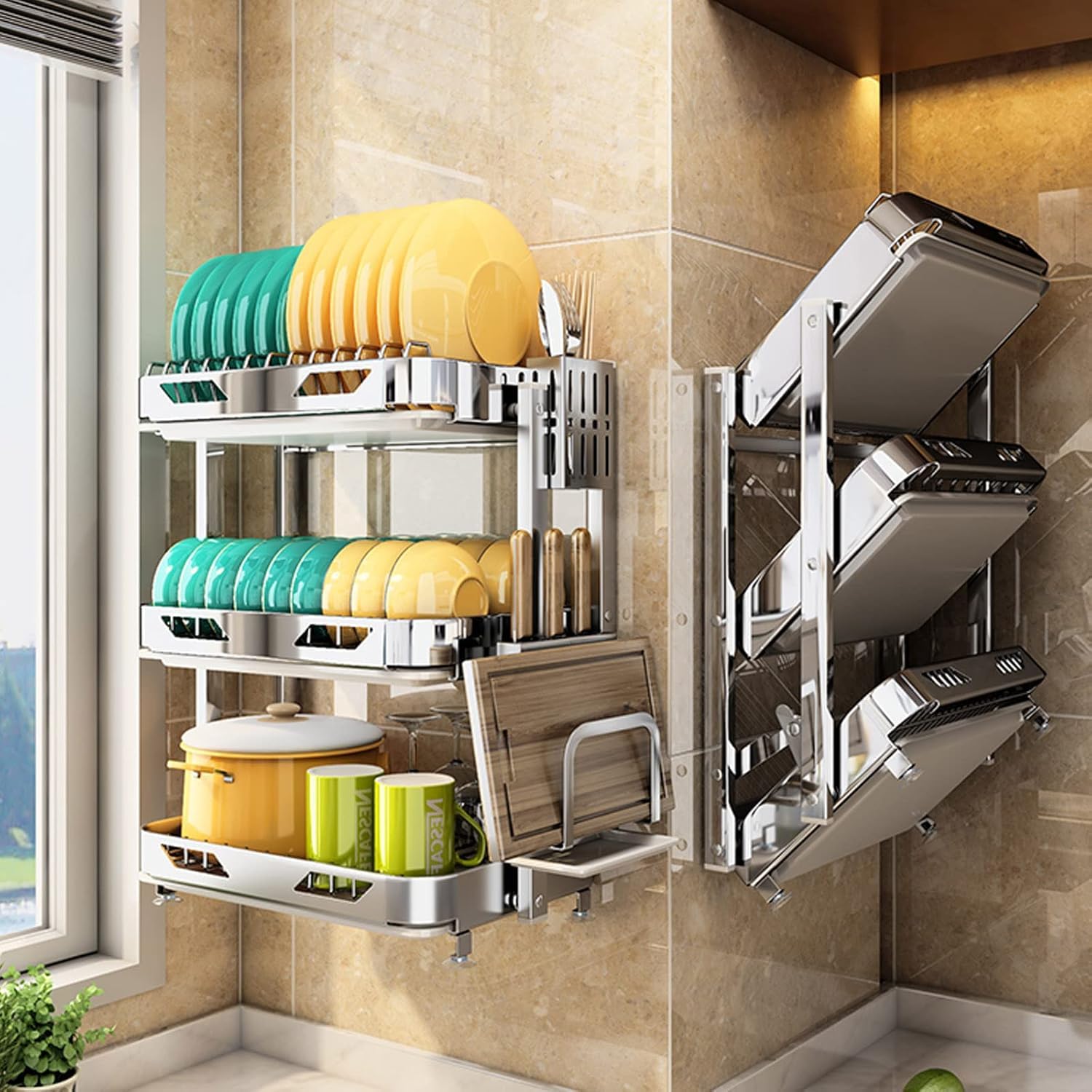 Égouttoir mural de cuisine en acier inoxydable avec plateau d'égouttoir, égouttoir à vaisselle pliable, égouttoir à 3 niveaux