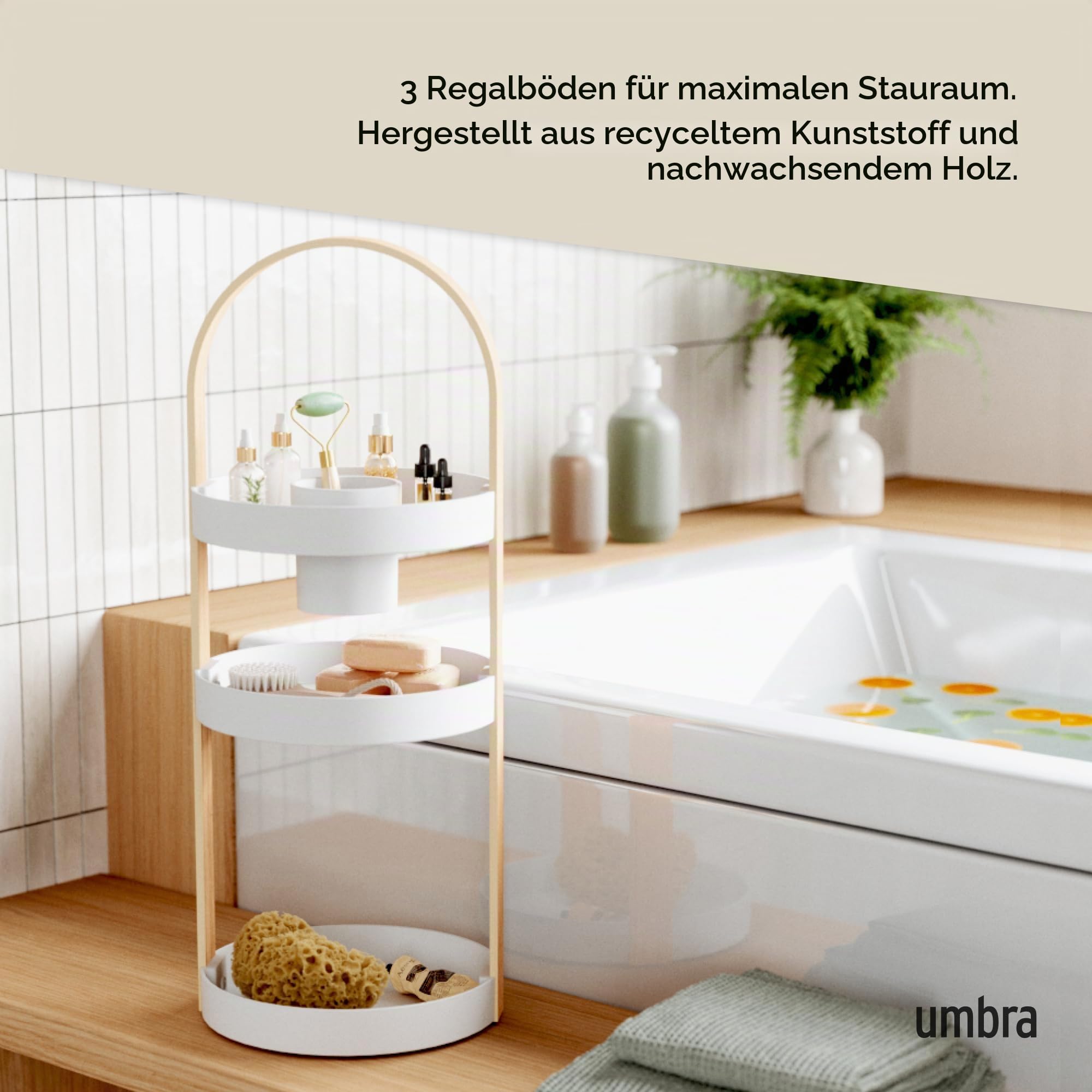 Umbra Bellwood Kosmetik Organizer, Drehbar mit Holzgriff, Weiss/Natur | Drei geräumige Ebenen, herausnehmbarer Behälter für Pinsel, integrierter Tragegriff, passt auf jeden Waschtisch
