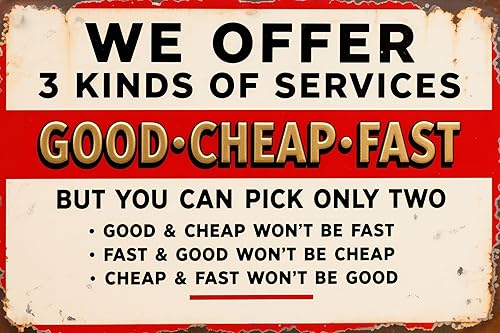 Vintage Workshop Metal Good Cheap Fast We Offer 3 Tipos De Servicio Divertido Garaje Neumático Tienda Decoración Retro Oficina Humorístico Cartel