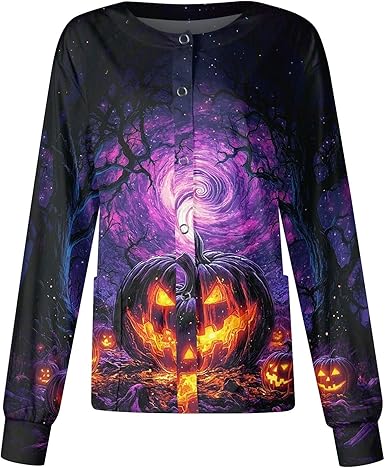 Printed Scrub Jackets for Woman Print Long Sleeve Plus Size Womens Scrubs for Women Nursing Jacket with Pockets