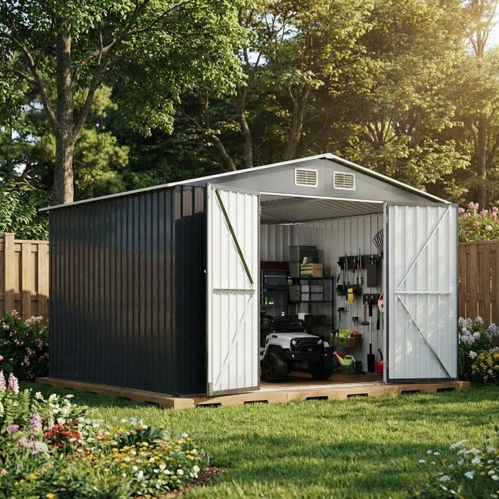 Photo 1 of **2 boxes**Outdoor Storage Shed 10 x 8 ft, Metal Storage Shed, Outdoor Tool Storage Shed with Door Lock, Waterproof, for Backyard, Garden Patio Lawn