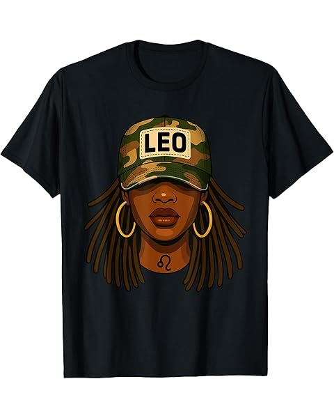 Leo Queen Camouflage Black Woman Cap Zodiac Birthday T-Shirt