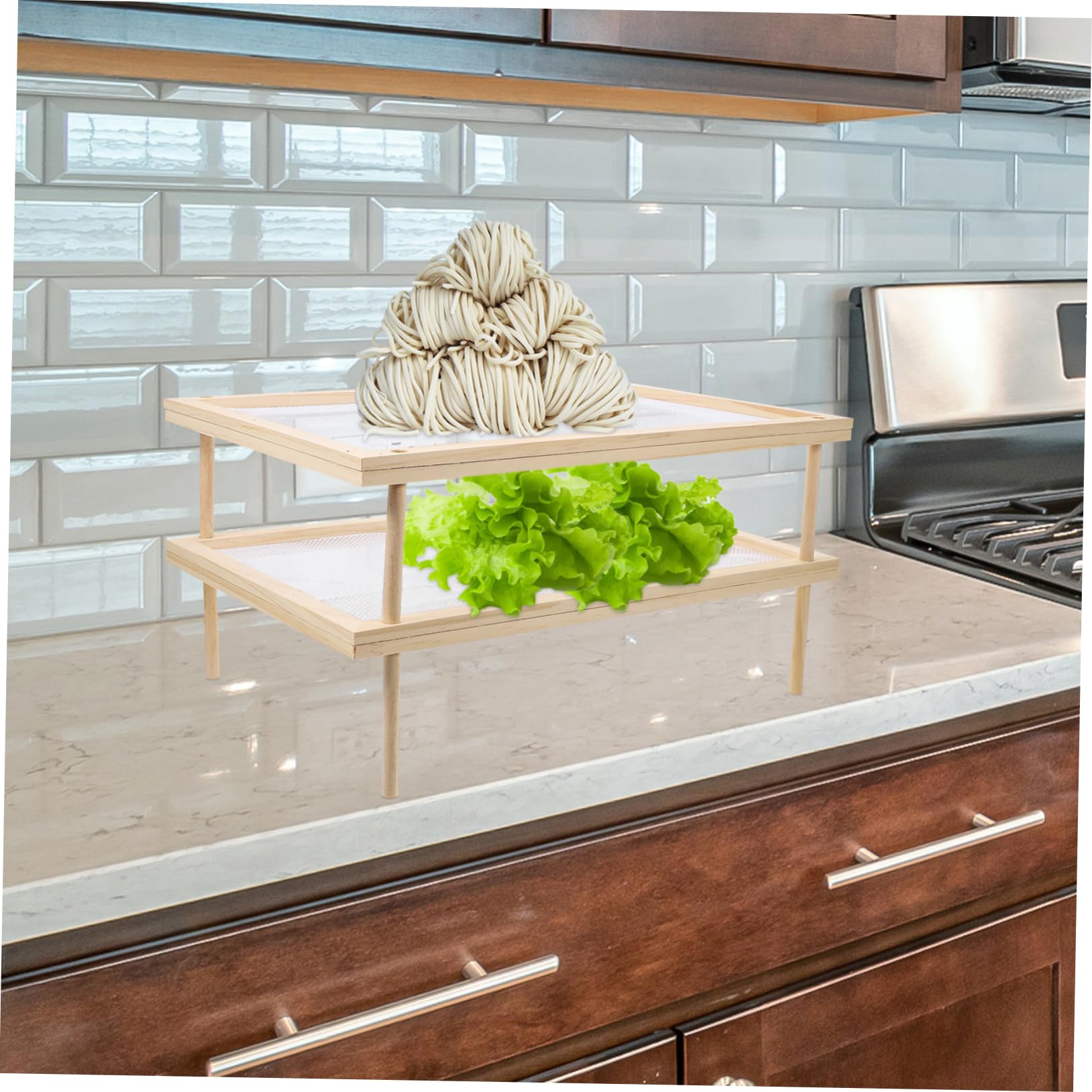 Mikinona Essiccatoio per Pasta e Verdure in Legno Doppio Strato Rete Traspirante, Supporto Porta Spaghetti per Uso Domestico, Ventilato e Igienico, Adatto a Cucina e Negozi Alimentari