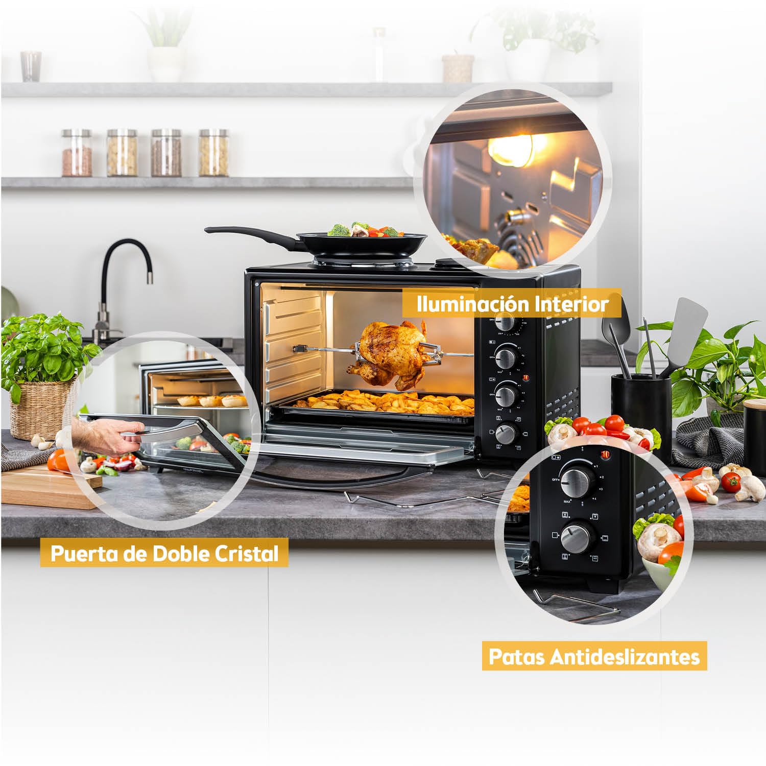 TZS First Austria Mini Horno 30L 3200W con Quemadores para Pizza 230°C 6 Modos